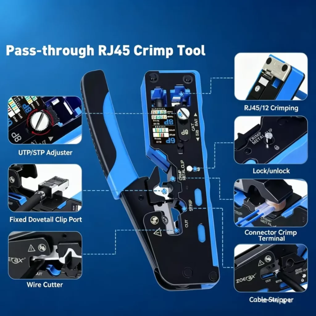 All-in-One Pass Through RJ45 Crimp Tool Kit, Ethernet Cable Crimper